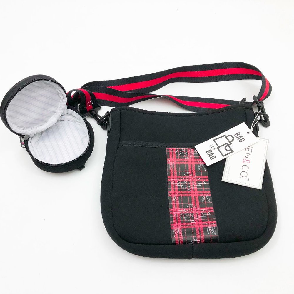 NWT Jen & Co. DRU Red & Black PLaid Bag in a Bag Neoprene Crossbody